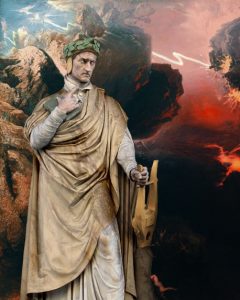 Statuia lui Dante Alighieri, iar fundalul este împărțit în două. Într-o jumătate este reprezentat Paradisul, iar în cealaltă este reprezentat Infernul